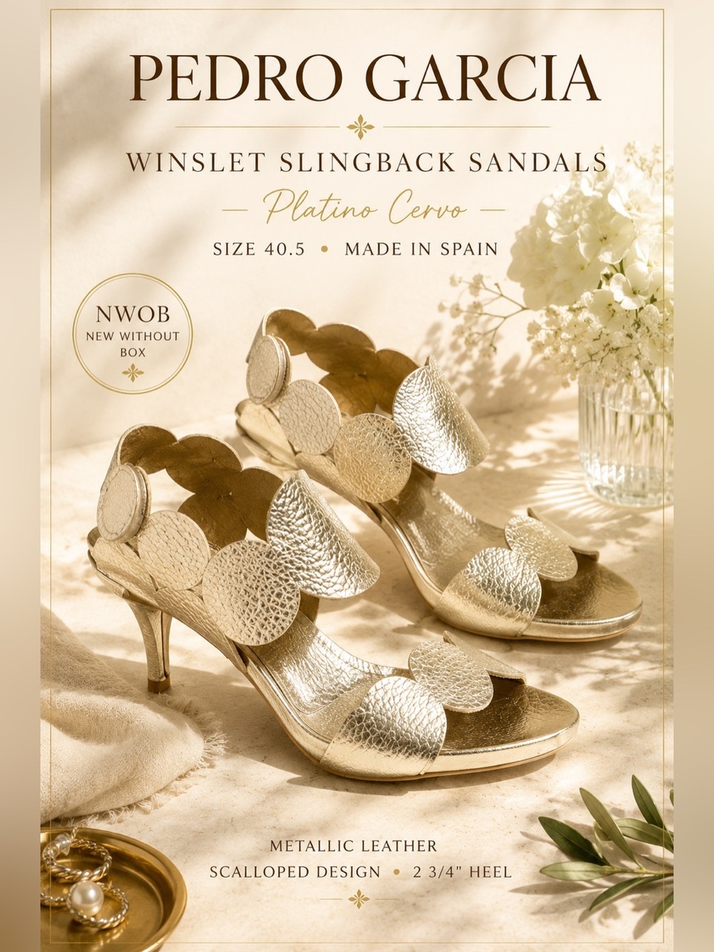 Pedro Garcia Winslet Slingback Sandals Platino Cervo Metallic Gold Size 40.5